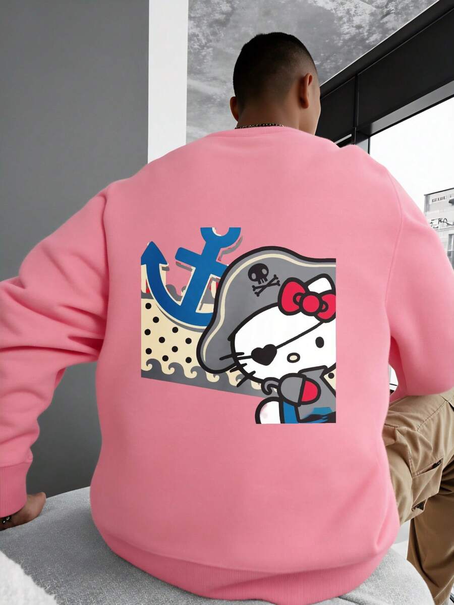Sanrio Men's Casual Cute Cartoon Pattern Loose Fit Crew Neck Sweatshirt, Autumn - Pink - View 1