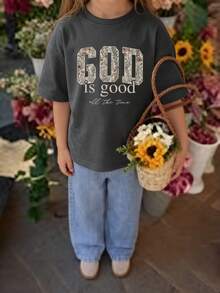 1pc Girls Casual Printed Round Neck Short Sleeve T-Shirt, Summer Student Young Children Clothing - Patterned Letter Print T-Shirt Brings Joy And Happiness To Every Child! GOD Is Good - Dark Grey - View 2