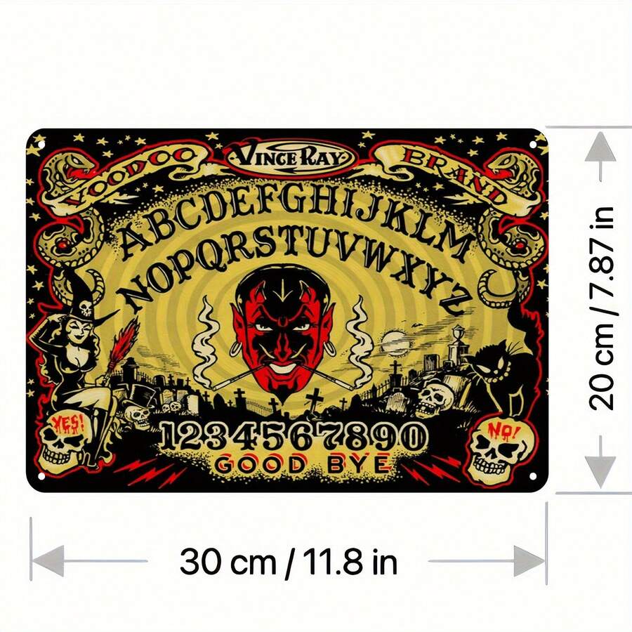 Vintage Ouija Metal Tin Sign Wall Decor - 8x12 Inch Aluminum Retro Gothic Art With Mystical Symbols, Haunted House & Skull Motifs - No Electricity Needed Home Bar Office Decor, Unique Conversation Starter - 1PC - 查看 1