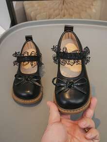 1 đôi giày công chúa kiểu Lolita cho trẻ em, đế mềm chống trơn trượt, giày da cổ thấp có nơ cho bé gái. - màu đen - Xem 2