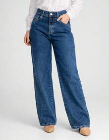 Calça Jeans Feminina Wide Leg Sawary Original Cintura Alta Lycra Elastano Confortável Larga Bonita - Azul - Visão 2