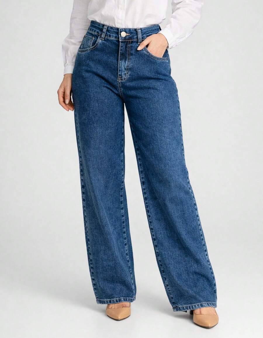 Calça Jeans Feminina Wide Leg Sawary Original Cintura Alta Lycra Elastano Confortável Larga Bonita