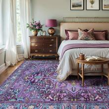 1PC Purple Floral Geometric Medallion Design Christmas Rug 5x7 Washable Area Rugs For Living Room Bedroom, Velvet Material Low-Pile Carpet Suitable For Indoor Outdoor High Traffic Areas,  Soft Texture , Home Decor Gift, Holiday Print Mat - 1PC - Xem 3