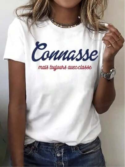 Connasse Graphic Print T-Shirt - Chic Short Sleeve Crew Neck Casual Top for Women, Spring & Summer essential, White with Blue Lettering, Polyester Blend, Machine Washable