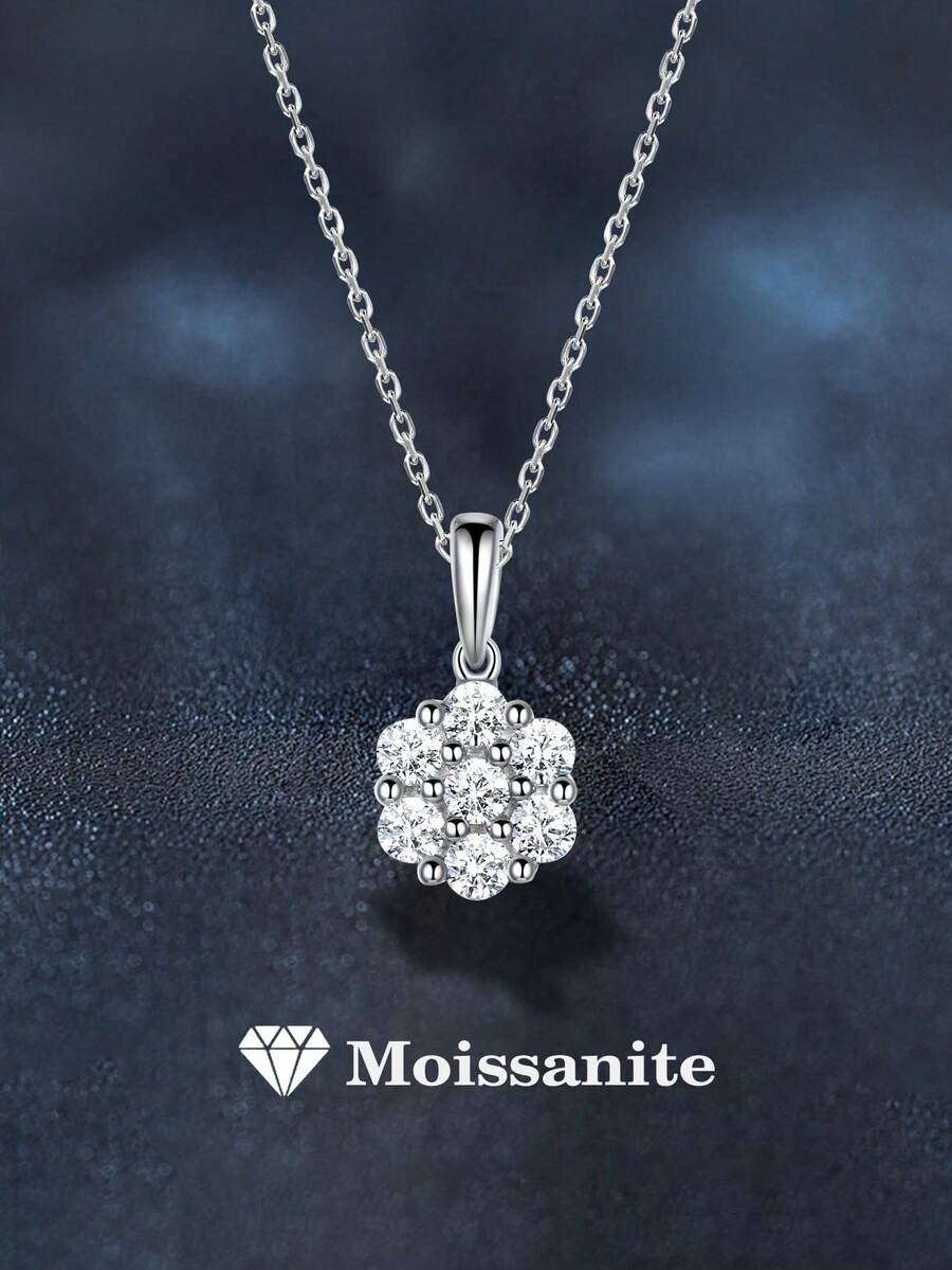 1pc Elegant 925 Sterling Silver 1.4ct Moissanite Flower Pendant Necklace, Suitable For Women's Daily Wear, Women's Silver Jewelry, Party, Commute, Birthday, Wedding Anniversary, Women's Jewelry Gift, Valentine's Day Gift - XL0112M - View 1