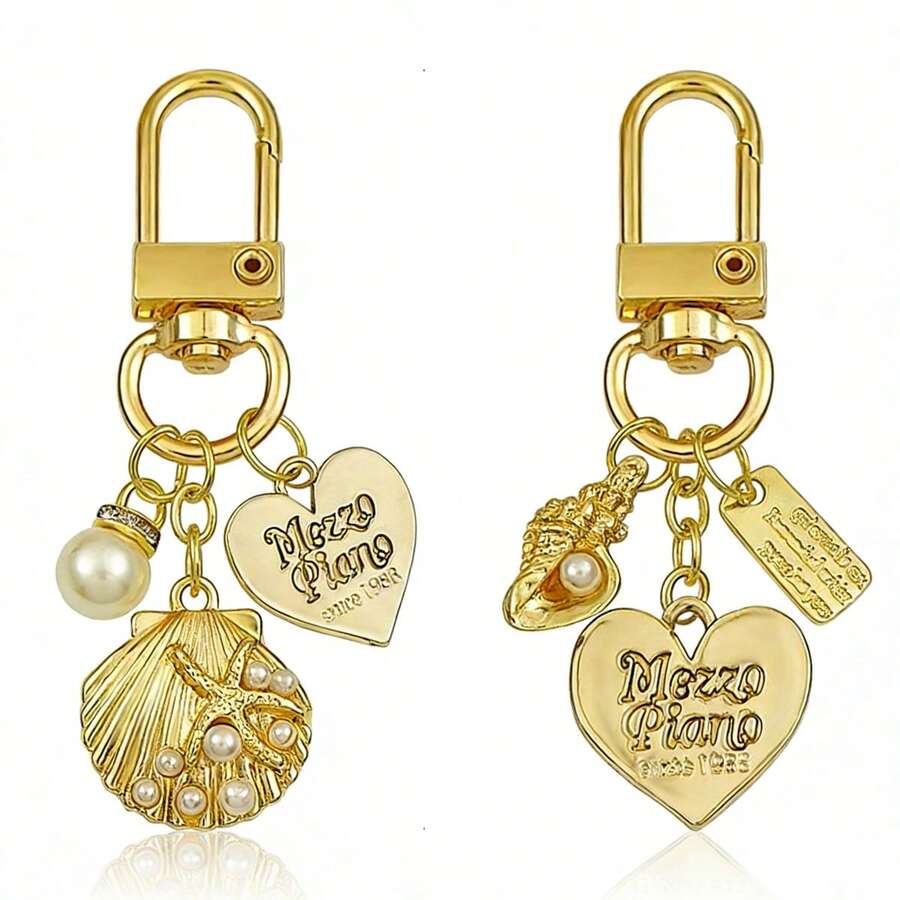 1pc Faux Pearl Gold Pendant, Elegant Pearl Shell Keychain, Women's Crystal Pendant Keychain, Suitable For Car, Camera, Phone, Wallet, Handbag Decoration Accessories - Gold - View 1