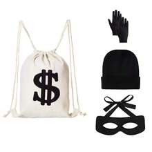 女士盗贼服装套装，包括盗贼帽、手套、眼罩、帆布钱袋、条纹袜、帆布背包，适合成人万圣节角色扮演、世界读书日化装舞会及其他场合。 - 彩色 - 查看 6