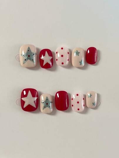 10 st. handgjorda press-on-naglar, korta naglar, ovala naglar, röda naglar, energiska och söta press-on-naglar i röd och rosa färgblock, med handmålade stjärn- och prickmönster, söta, lekfulla och livliga för kvinnor och flickor, vår, sommar, höst, vinter, festivaler, fester och vardagsliv. Handgjorda press-on-naglar.