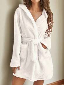 女士蓬松连帽浴袍 - 柔软披肩领，配有系带腰带和口袋，秋冬季舒适家居服，保暖SPA浴袍，适合睡眠和放松（多种颜色可选） - 彩色 - 查看 11