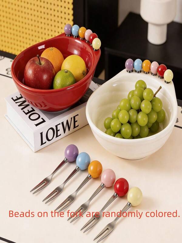 (The Beads On The Fork Are In Random Colors) Fruit Plate ABS Desktop Decoration For Living Room And Dining Table, Snack Tray, High-Quality Creative Fruit Plate For Home Use