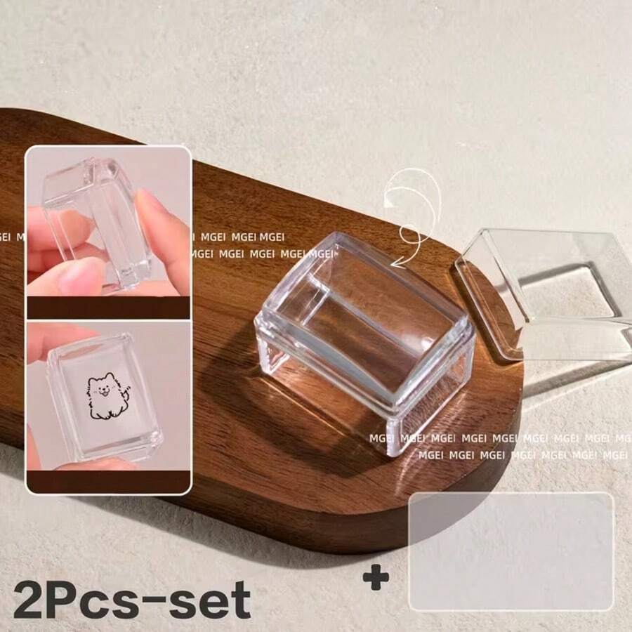一套迷你方形透明硅胶美甲印章，方形美甲印花，可水洗 | 粘性好 | 高透明度硅胶，多功能，印花板转移工具 | 亚克力刮刀，美甲硅胶密封圈 - 彩色 - 查看 1