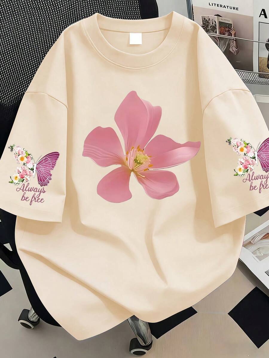 Plus Size Women's Floral & Butterfly Print Round Neck Short Sleeve T-Shirt, Suitable For Summer Vacation, Beach, Holiday, Spring, Valentine's Day, Carnival, Mother's Day Gift. Suitable For Daily Wear, Outing, Festival, Beach, Party, Fitness, Wedding, Outerwear, Summer Top, Spring Top, Women's Summer T-Shirt Casual - Apricot - View 1