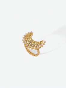 Opalesca 1pc Fashionable Retro Faux Pearl Crescent Moon & Star Adjustable Ring, Women Daily, Party, Wedding, Valentine's Day Gift - Yellow Gold - View 3