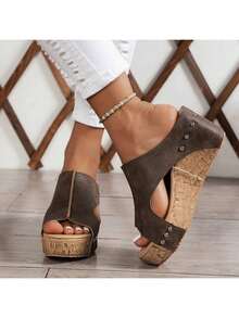 Thick High Heel Wedge Sandals For Women With Open Toe, Non-Slip, Stylish And Versatile, Vintage Design Waterproof Platform Outdoor Wear Women's Shoes Valentines - màu nâu - Xem 2