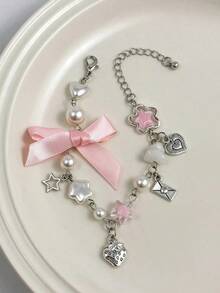 Kawaii 1pc Fashionable Sweet & Simple, Strawberry, Bowknot, And Faux Pearl Decor Chain Bracelet Valentines,Mom,Mother,Mother's Day, - Multicolor 3 - View 4