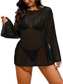 Womens Swimsuit Crochet Cover Up Sexy Boat Neck Bathing Suit Summer Long Sleev Beach Dress Coverup Bikini - màu đen - Xem 4