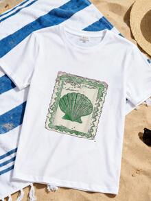 Retro Seashell Print T-Shirt For Ocean Lovers, Loose Fit Retro Tee - White 3 - View 9