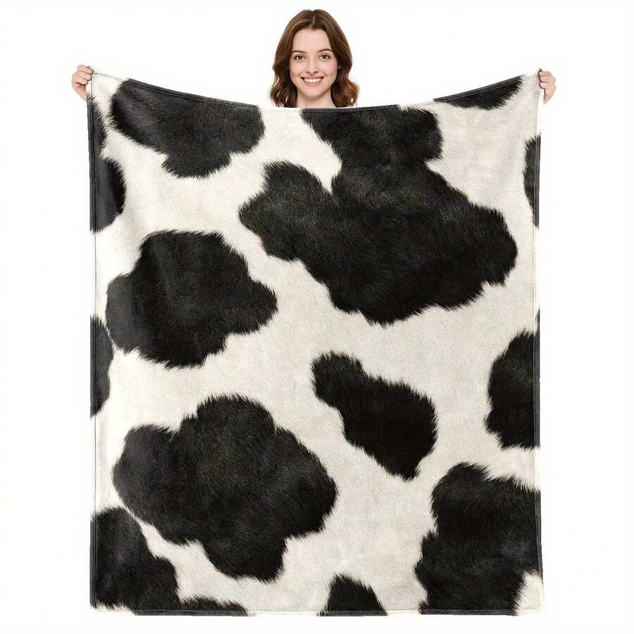 1pc 2D Printed Flannel Blanket, Soft And Warm Cow Pattern Design, Multiple Sizes Available, Suitable For Sofa, Bed, Travel, Camping, Living Room, Office Chair, Durable And Tear-Resistant, Perfect For Home Decor Or Gift Giving, 2D Flat - White - View 1