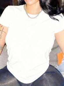 Women's Basic Solid Color Short Sleeve Crew Neck Pure Cotton T-Shirt, Slim Fit Casual Daily Top, Sizes S-XXXL, Soft Breathable Comfortable Tee, Lightweight Summer Fashion Essential, Easy To Match, Classic Style, High-Quality Cotton Fabric, Suitable For All Seasons, Basic Top For Women - 白色 - 查看 3