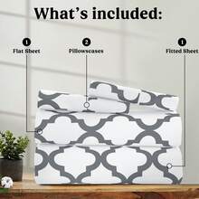 Lux Decor 4 Pieces Quatrefoil Bed Sheets - Stylish Comfy Bedding Set - Hotel Luxury Skin Friendly Cooling Sheets & Pillowcases Without Filler - Classic Collection With 16 Inches Deep Pocket - Shrinkage & Fade Resistant, Valentine's Day Bedroom, Spring Bedding Refresh, Guest Room Essentials, Dorm Room Bedding, Premium Bed Linens, Easy Care Sheets, Hypoallergenic Fabric, Year-Round Comfort, Master Bedroom Update, Matching Bedding Set, Hotel Quality Linens - 白色和灰色 - 查看 6