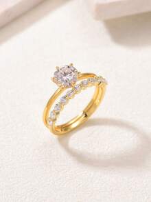 Set de 2 anillos apilables elegantes y de moda de plata de ley 925 con circonita cúbica incrustada, adecuados para compromiso, boda, uso diario, joyería - Amarillo Oro - Ver 4