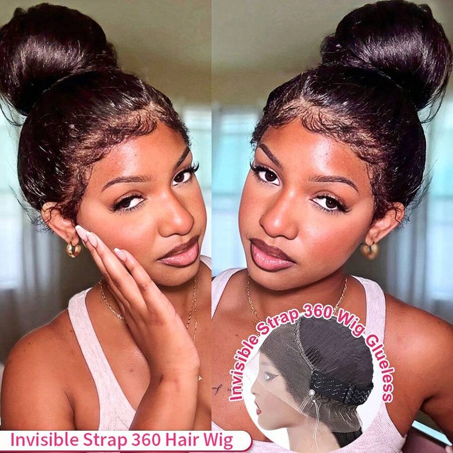 bling hair 360 Full Frontal Lace Wigs Human Hair Straight Wig Hidden Strap Invisible Drawstring  Lace Front Wigs Human Hair Pre Plucked With Natural Hairline 360 Frontal Glueless Wigs For Women 200 Density 16 18  Inch 13x6 Frontal Wigs Human Hair Wigs Human Hair 360 Straight Wig Human Hair Full Lace Pre Plucked 200 Density Drawstring Lace Front Wig Glueless Hidden Strap Lace Frontal Wig For Women - Natural Black - 查看 1