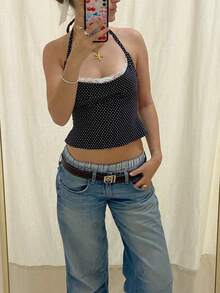 Women Crop Halter Tops Summer Dot Print Lace Trim Backless Sleeveless Vest For Streetwear Aesthetic Clothes - 黑色 - 查看 6