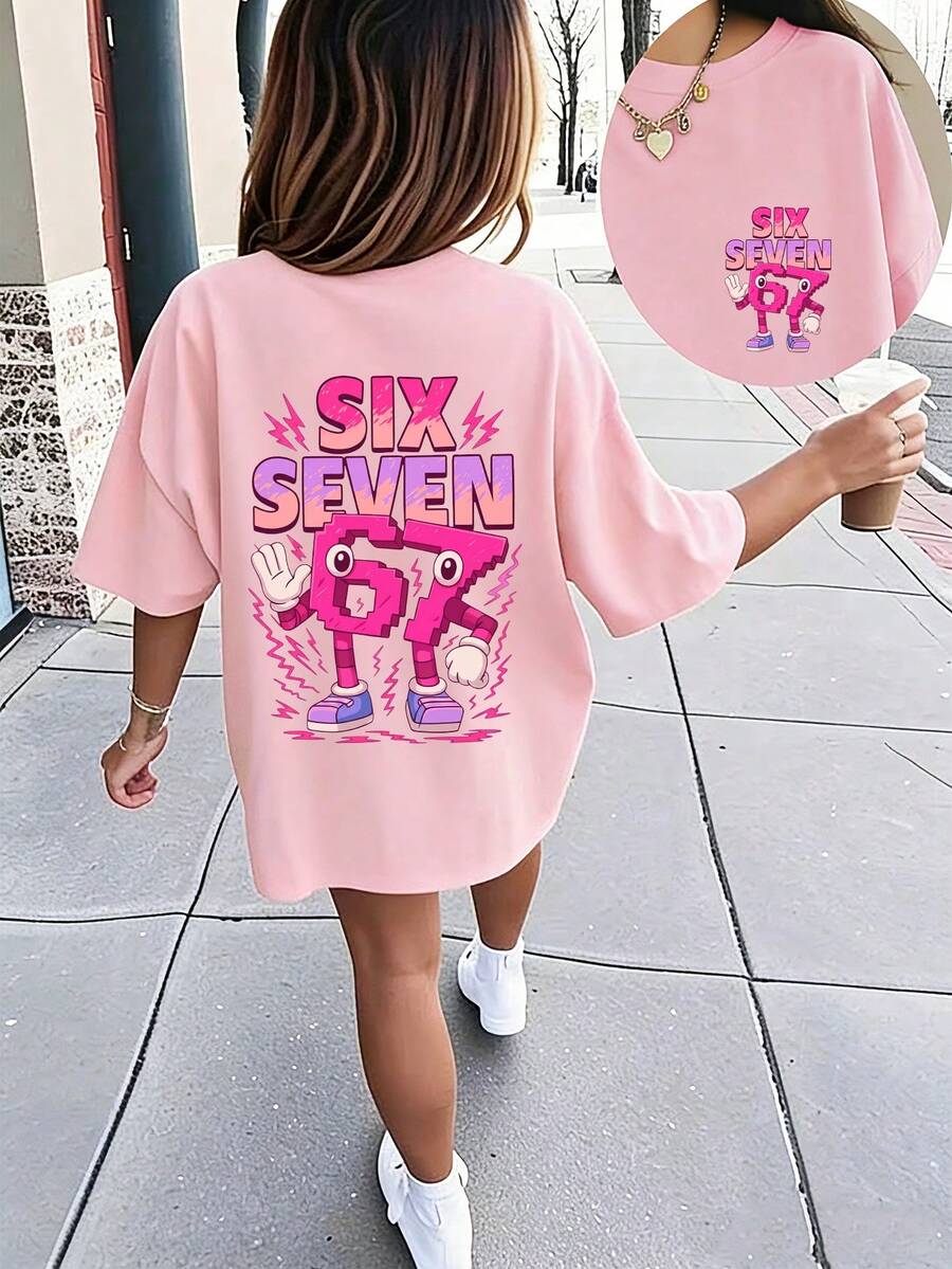 adolecent Girl "SIX SEVEN" Imprimé numérique rose T-shirt de dessin animé, convient pour le port quotidien, le style de rue, les événements, le Top d'été polyvalent et décontracté pour les filles - Rose bonbon - Voir 1