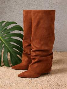 Women's Slouchy Fold Over Knee High Boots Pointed Toe Stiletto High Heel Ruched Boots Fashionable Pleated Autumn&Winter Party Dating Holiday Dress Boots - 棕色絨面革 - 查看 15