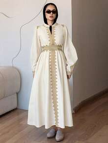 DAZY Women's Elegant Stand Collar Puff Sleeve Contrast Color Lace Patchwork Dress, Spring/Summer - Beige - View 3