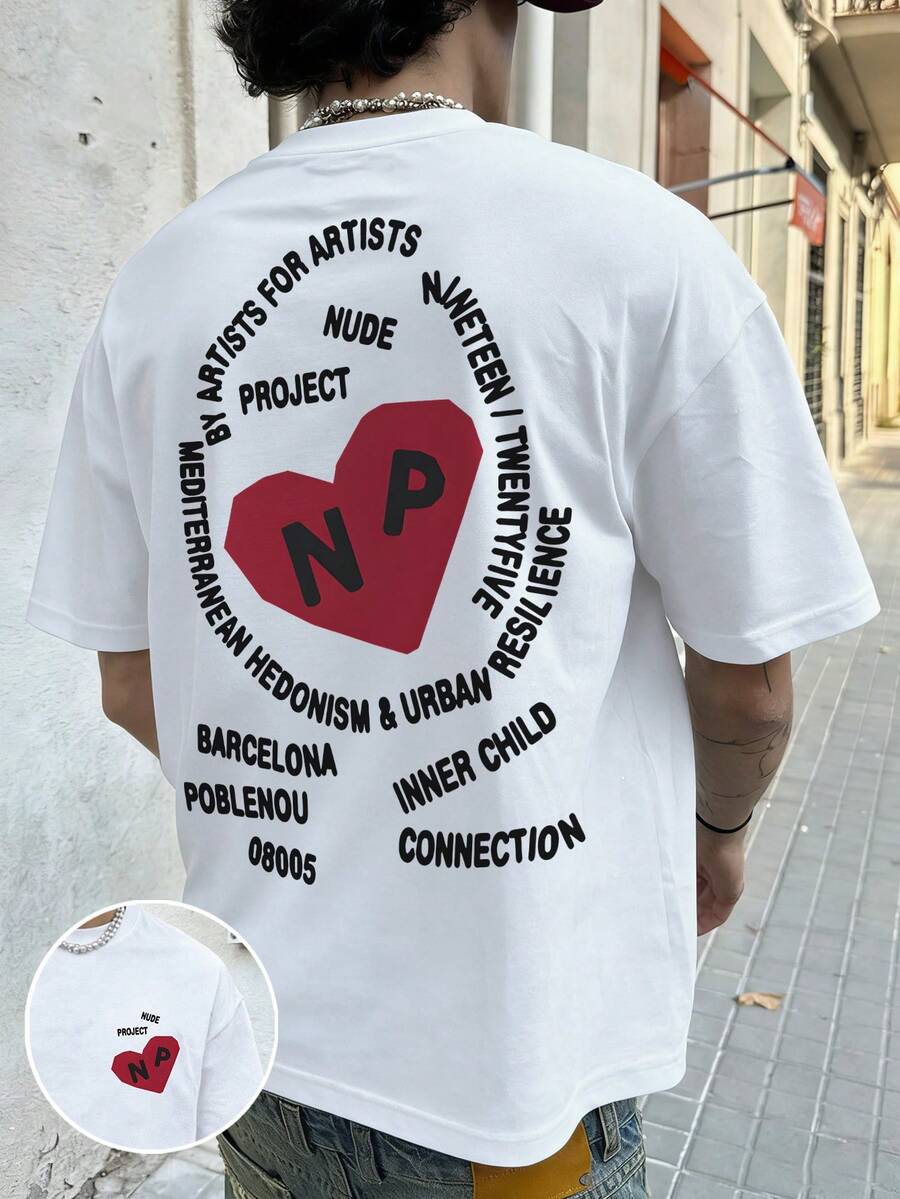 Fractyr Fractyr 男士时尚休闲街头风摇滚/说唱歌手宽松短袖T恤 | 爱心字母印花 | 优雅设计 | 春夏必备单品 | 百搭易穿，展现个人风格 - 白色 - 查看 1