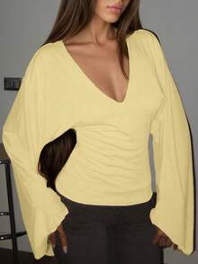 Elegant Deep V-Neck Long Sleeve Knit Sweater Top For Women, Soft & Stretchy, Regular Length, Yellow - Yellow - View 2