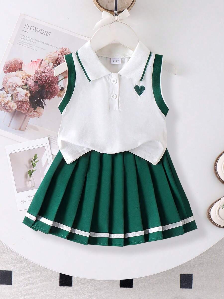 2pcs Girls' School Sports Polo Collar Heart Embroidered Sleeveless Top And Pleated Skirt Set, Summer - Green - View 1