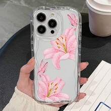 Estuche para teléfono con espejo con diseño floral de mariposa de lirio rosa compatible con  17,  16 Pro Max,  15 Pro Max,  13 y  12 Hecho de TPU, ofrece protección confiable contra golpes y caídas Este elegante y vibrante accesorio es un regalo perfecto para familiares, amigos, regalos de otoño, novios / novias y cumpleaños de Navidad o cualquier ocasión especial - transparente - Ver 2
