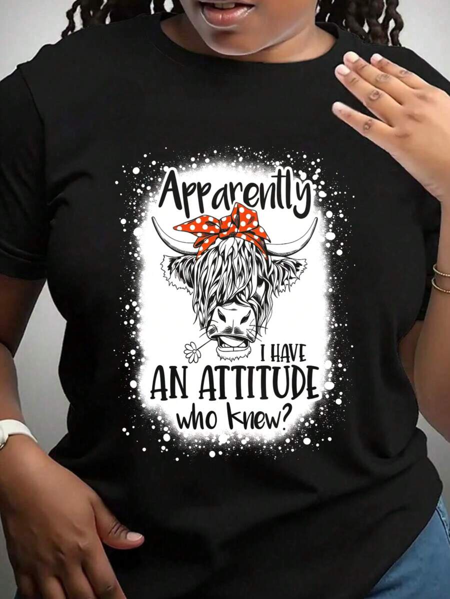 Apparently I Have An Attitude Who Knew Graphic T-Shirt For Women, Oversized Crewneck Tees Casual Wear, Spring Cotton Tops Short Sleeve, Summer Basic Tees, Funny Clothes For Women - 黑色 - 查看 1