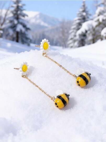 1 par de pendientes con forma de girasol y abeja hechos de resina y metal, de moda y lindos, adecuados para el uso diario de las mujeres, vacaciones, regalos de cumpleaños para amigos