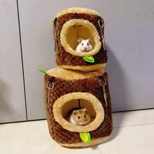 1 pieza Nido de algodón pequeño para mascotas, Nido cálido en forma de tocón de árbol, Nido colgante para hámster - Marrón - Ver 4