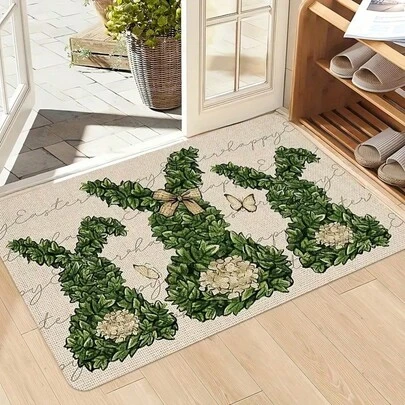 1pc Green Plant Rabbit Silhouette Entrance Mat, Mori Style Courtyard Doormat, Green Leaves Pieced Into Three Rabbit Silhouettes, Paired With Butterflies And Flowers, Multiple Sizes Available, Easter Rabbit, Easter Decoration, Easter Gift, Doormat, Small Rug, Welcome Mat, Carpet, Mat, Outdoor Doormat, Kitchen Rug, Home Decor, Front Door Mat, Area Small Rug, Outdoor Mat, Home Decor, Area Rug, Garden Rug, Autumn/Winter Rug, Washable Carpet