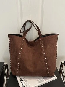 1 chiếc túi xách nữ thời trang màu nâu mới, chất liệu da lộn phối nhiều mảng màu, túi đeo vai cỡ lớn có đinh tán, kiểu dáng tối giản thanh lịch, đa năng. - màu nâu - Xem 2