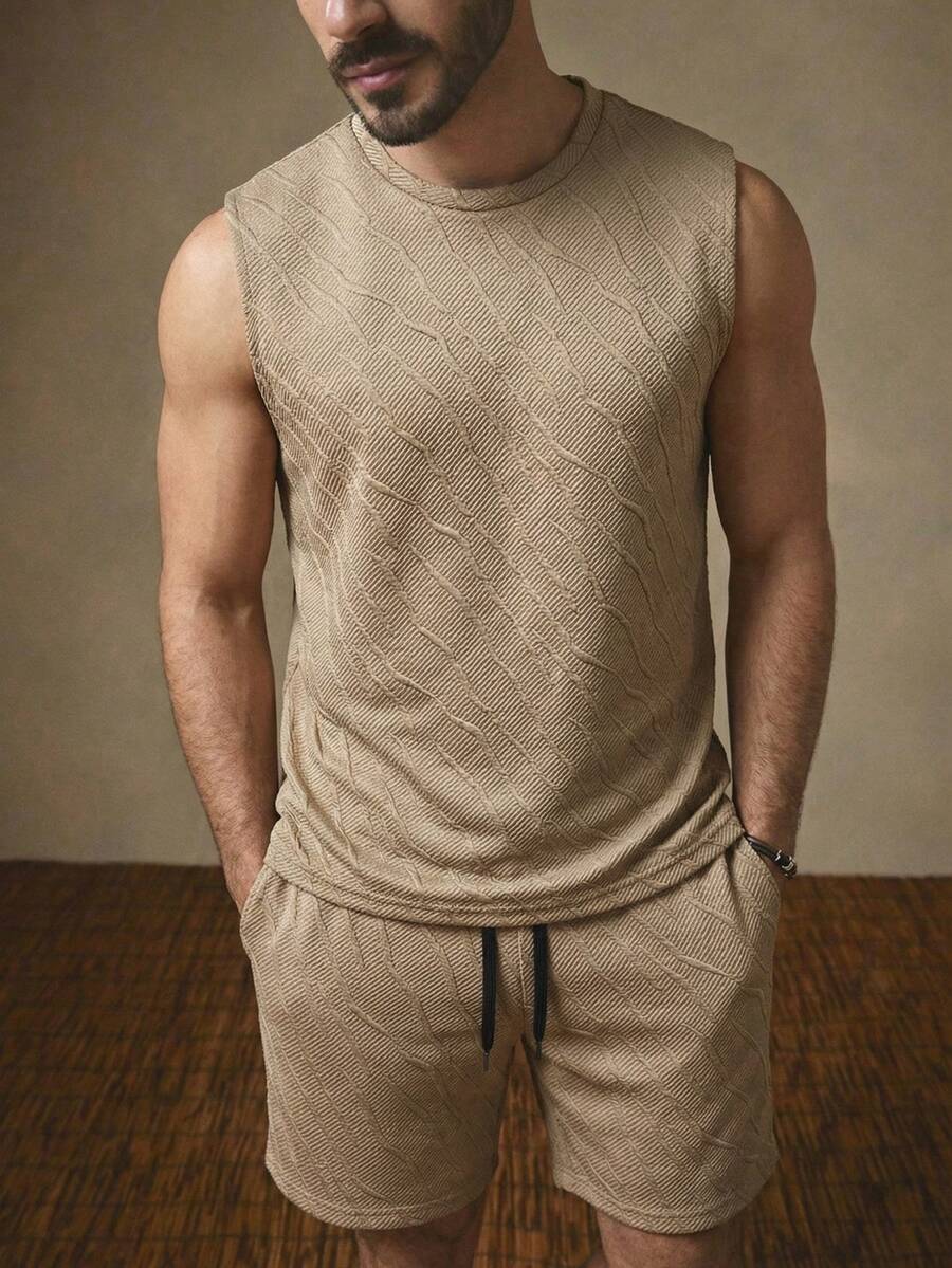 Men's Casual Commuter Khaki Vest Set - Camel - View 1