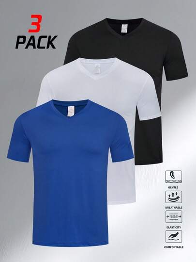 3件装男士时尚V领透气运动T恤 - 超柔软、吸湿排汗、速干、修身剪裁、舒适短袖上衣，适合运动、休闲、健身、跑步和户外活动