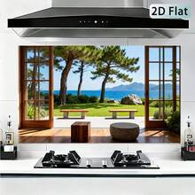 1张2D平面海景松林花园法式窗贴 | 自粘防油厨房防溅贴纸，亮面乙烯基材质，海景图案，55*100.0厘米 - 款式1 - 查看 13