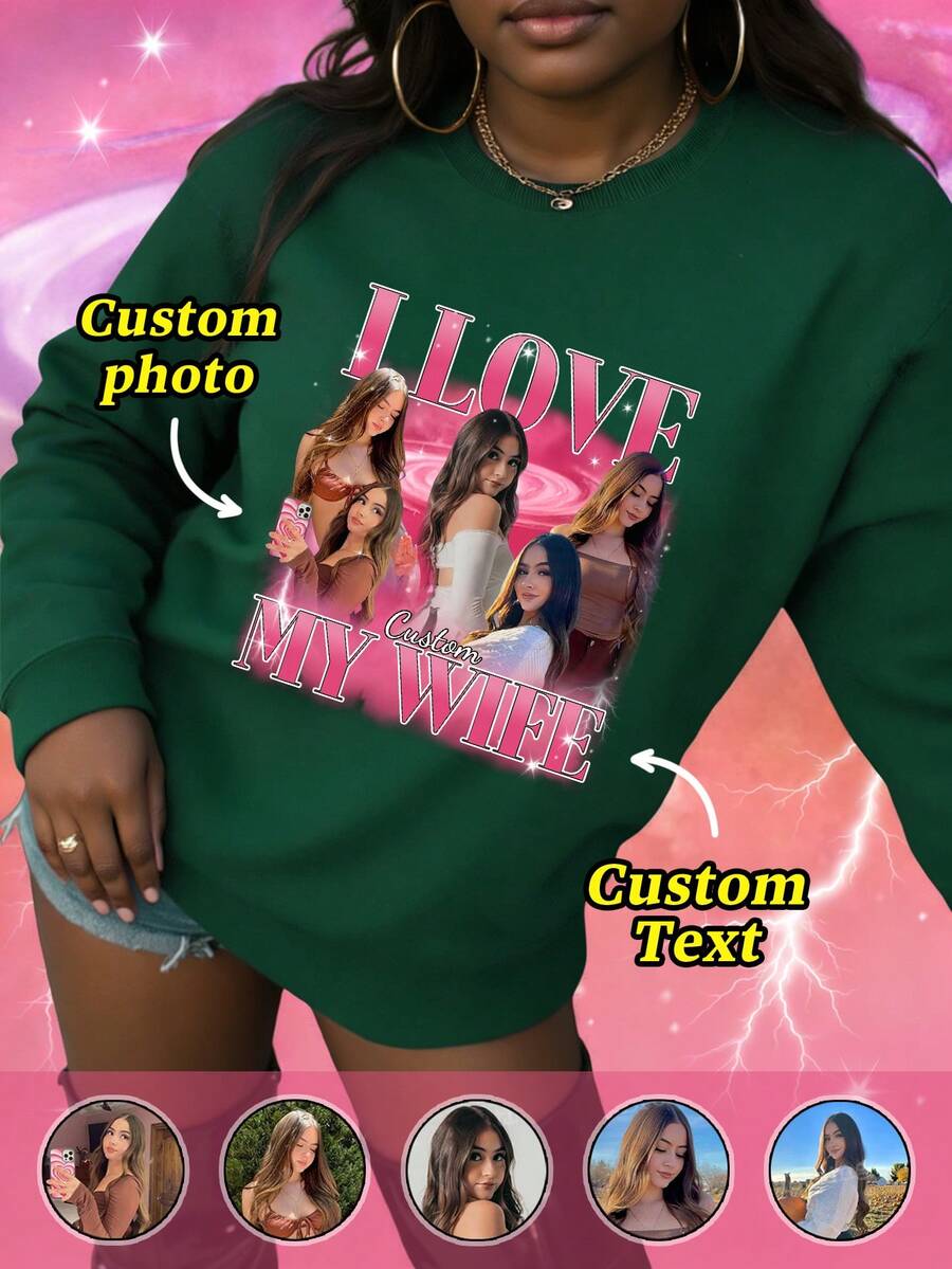 Customized Photo Sweatshirt Crew Neck Long Sleeve/Sportswear, Customize "I Love My Wife", Girlfriend Eye Photo, Customize Wedding Anniversary Autumn/Winter Pullover Sweatshirt, Customize Women Sweatshirt - Add Your Own Text And Images (Couple Photo/Girlfriend Photo/Family Photo/Selfie/Pet Photo/Friends Photo/Party Photo) - Dark Green - View 1