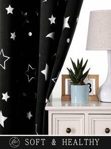 1件星月印花窗帘，卧室遮光窗帘，适合节日使用，涤纶材质 - 黑色 - 查看 6