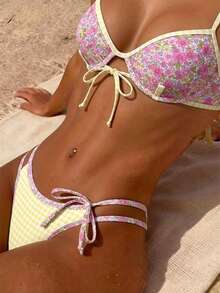 2pcs Tropical Print Padded Bikini Set With Tassel And Lace, Suitable For Summer Beach Vacation, 2pcs Floral Plaid Print Padded Push-Up Bikini Set, Summer Beach Vacation, Swimwear, Women Summer Dress, Women Summer Clothing, Festival, Dress, Ibiza Clothing, Women Swimsuit, Bikini Set, Women Swimwear, Women Beach Clothing, Vacation Set, Beach Dress, Women Bikini Set - Multicolor - View 3