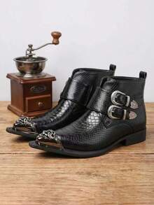 1 Pair Men's Metal Closed Toe Buckle Snake Skin Pattern Mid-Top PU Leather Casual Boots, Chelsea Style Suitable For Party And Nightclub - Black - View 2