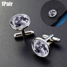 1 pereche butoni cu model Cosmic Planet pentru bărbați, stil simplu, din aliaj de sticlă, butoni clasici, accesorii de ținută formală, perfecți pentru nuntă, cină de afaceri și cadouri - Argint - Vizualizare 2