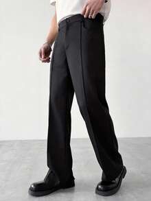 Pantalones rectos de cintura alta de uso casual con costura frontal negra - Negro - Ver 6