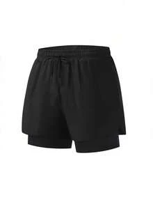 Pantalones cortos deportivos para hombres - Elásticos, no transparentes, diseño de 2 en 1 a la moda, adecuados para el gimnasio y correr, lavables a máquina, negros de verano - Negro - Ver 10