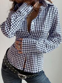 GLOpass 复古撞色格纹收腰衬衫，适合通勤、休闲外出、派对穿着 - 藍白色 - 查看 5